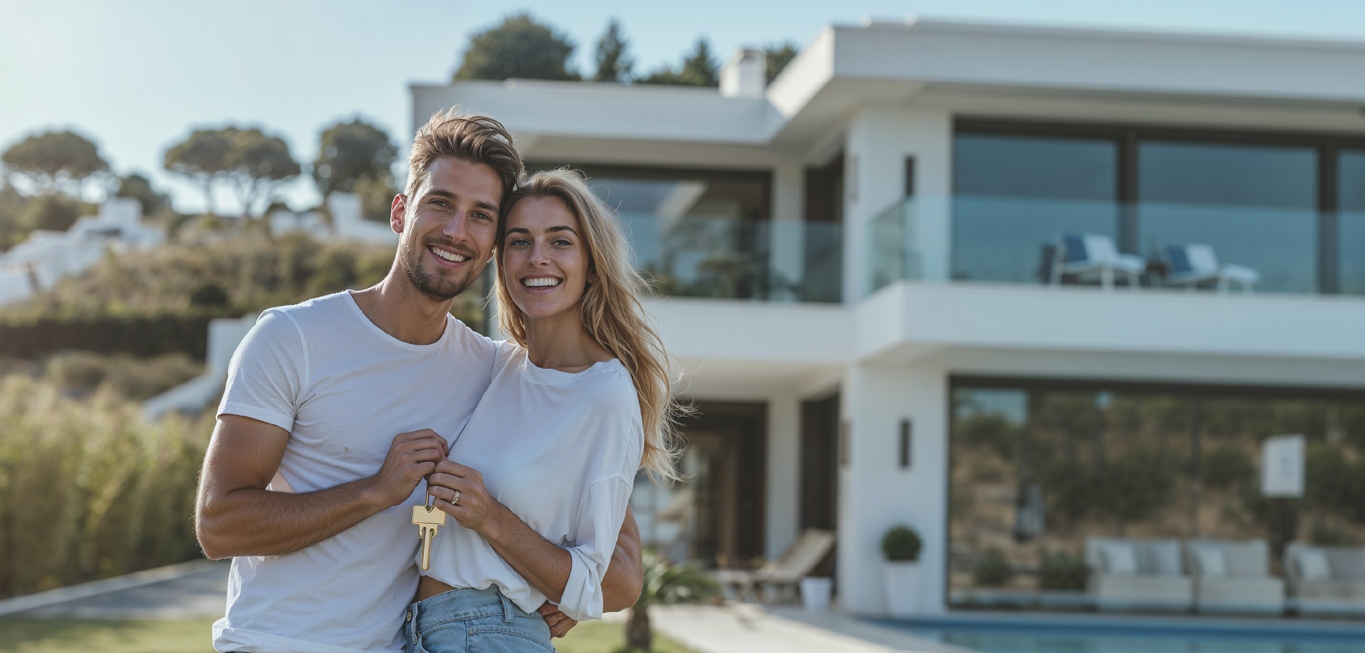 Smiling couple wearing white shirts and with keys in their hands in front of a white villa with swimming pool.